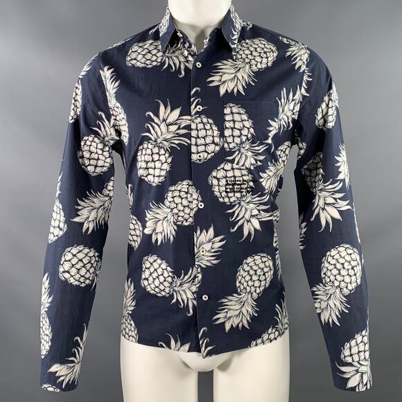 VALENTINO Size M Navy White Pineapple Print Cotton Button Up Long Sleeve Shirt